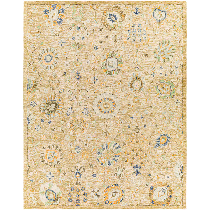 Conroe Floral Handmade Tufted Wool Beige/Blue Area Rug Birch Lane